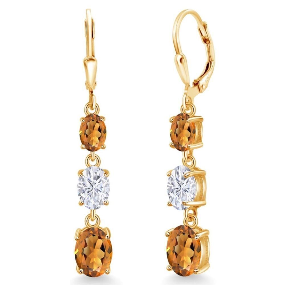18K Yellow Gold with 4.80 Cttw 3 Stone Madeira Citrine and Moissanite Earrings